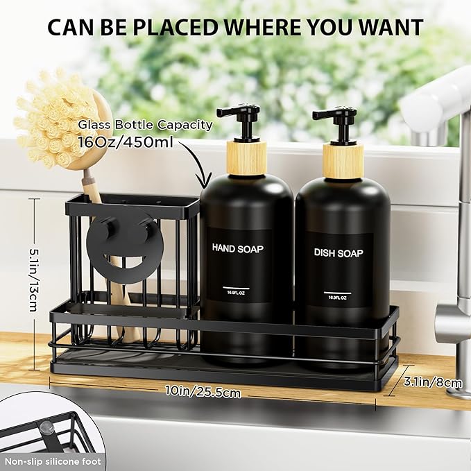 Moforoco Kitchen Dish Soap Dispenser Set, 16OZ Glass Bottle, Hand and Dish Soap Dispenser Set, Instant Dry Tray, Brush Holder with Smiley Face Sponge Holder (Black Tray &Black Bottle&Labels)