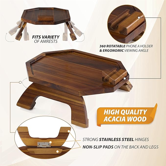BLUEWEST Sofa Armrest Tray, Acacia Wood Couch Arm Clip on Tray Table with 360° Rotating Phone Holder –Fits Most Couch Arm Sizes–Non-Slip, Space-Saving Arm Table for TV Dinners, Remote, Drinks & Snacks