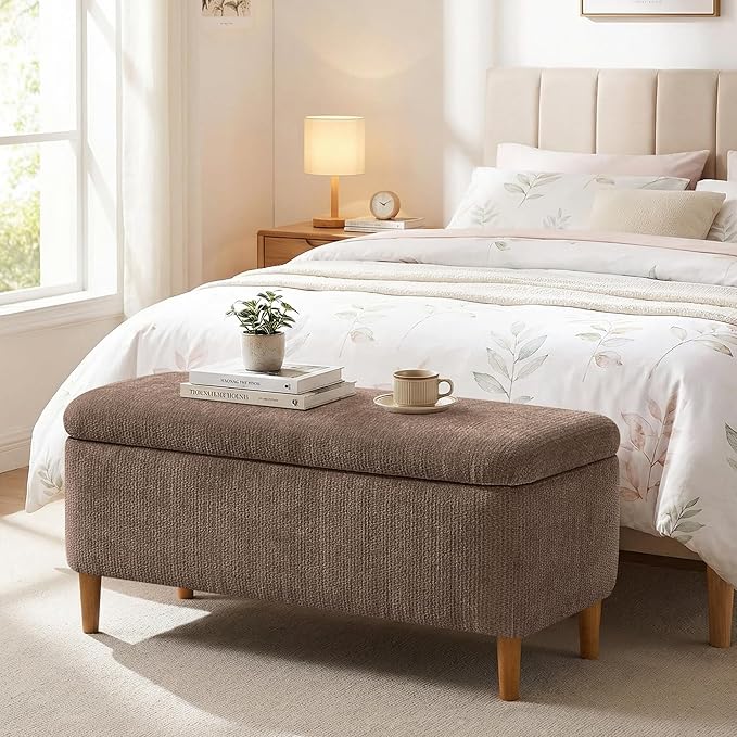 39.4”Ottoman with Storage,Upholstered Comfy Storage Bench Ottoman with Wooden Legs,End of Bed Bench Footstool for Hallway Entryway Bedroom Living Room Brown