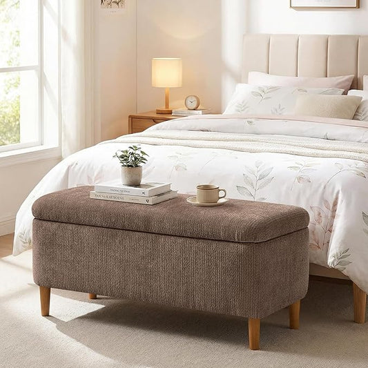 39.4”Ottoman with Storage,Upholstered Comfy Storage Bench Ottoman with Wooden Legs,End of Bed Bench Footstool for Hallway Entryway Bedroom Living Room Brown