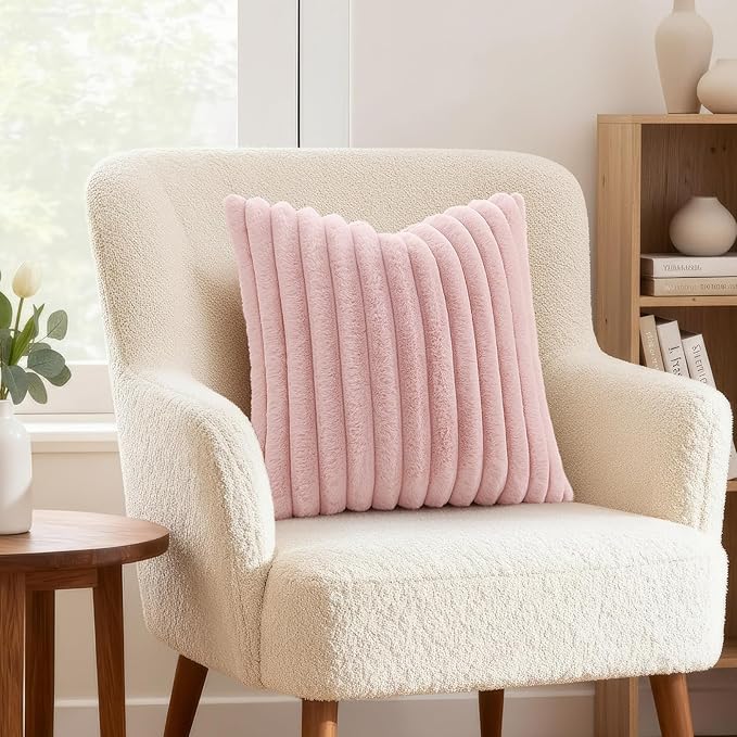 decorUhome Summer Cozy Faux Fur Throw Pillow Covers 26x26 Set of 2 Decorative Soft Plush Striped Modern Farmhouse Boho Couch Euro Sham Pillow Cases with Velvet Back for Sofa Bed Living Room, Pink