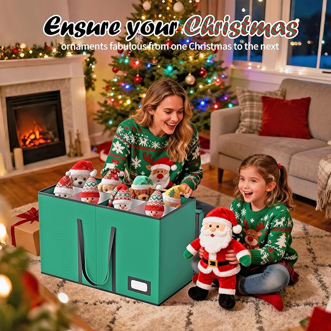 Christmas Figurine Storage Box & Nutcracker Storage Containers with Visible Lid and Cardboard Dividers, Keeps 8 Holiday 15"-Figurine Collectibles, Xmas Decoration Storage Bag, 600D Oxford / Green