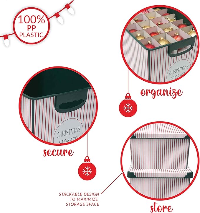 Simplify Christmas Stripe Design Holiday Tote Bin Ornament Storage | Holds 60 Ornaments | Removeable Lid | Easy Carry Handles | Christmas Storage | Green