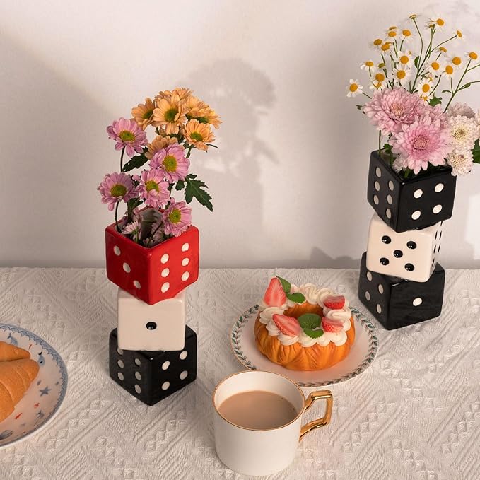 MOUGIGI Funky Dice Vase - Unique Ceramic Home Decor for Bars| Stylish Black, White & Red Geometric Design | Perfect for Fresh, Dried, or Artificial Flower Arrangements | Ideal Gift for Art Lovers