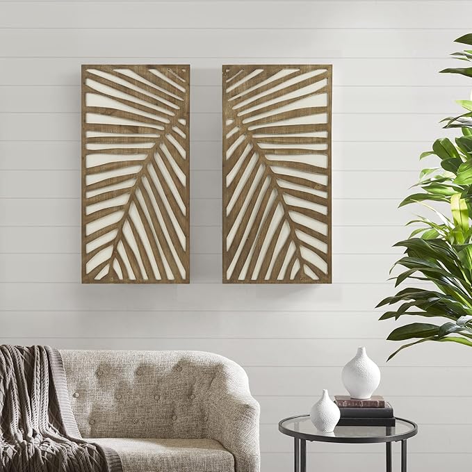 Madison Park Wall Décor for Living Room - Birch Palms Botanical Two-Tone, Home Accent Modern Kitchen Dining Decoration, Ready to Hang 2-Piece Wood Panel Set for Bedroom, 16"W x 32"H, Dark Palm