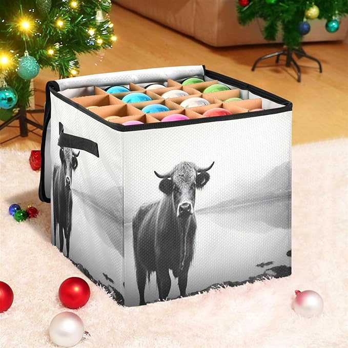 Kigai Highland Cow Christmas Ornament Storage Box with Zipper & Adjustable Dividers Holiday Ornament Organizer Xmas Storage Container, 64 Balls