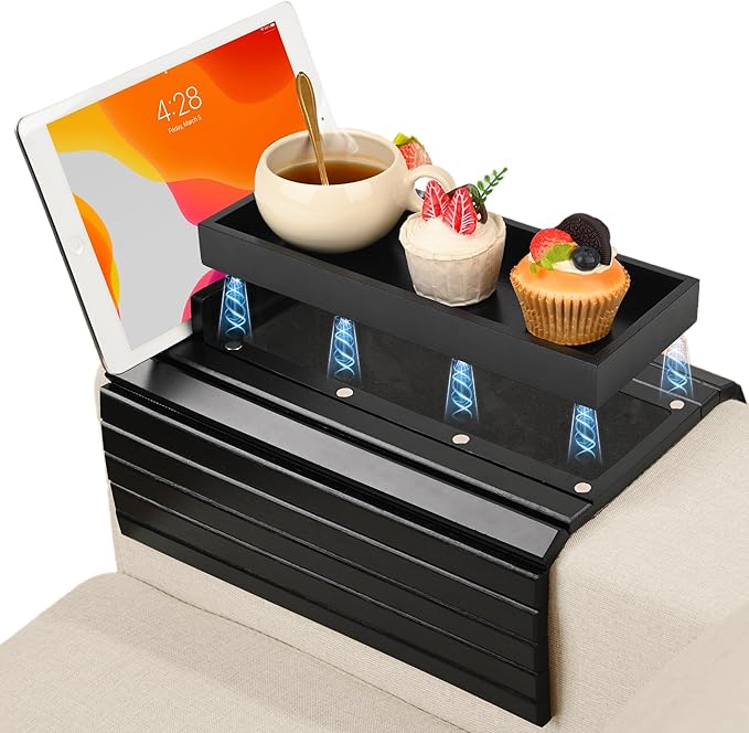 Joy&Grace Couch Arm Tray, 3-in-1 Magnetic Detachable Sofa Arm Table with Phone and Tablet Holder Bamboo Couch Cup Holder, Foldable Sofa Armrest Tray for Eating, Drinks, Phones (Black)