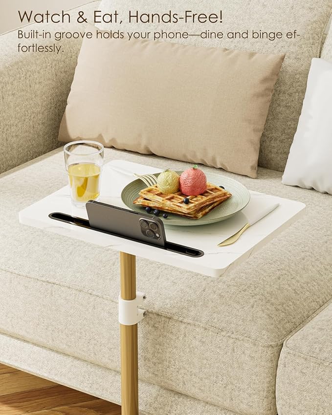 Masupu Sofa Arm Tray Table - 360° Swivel Height Adjustable End Table, Small Snack Side Table for Couch, C Shaped Table for Bed, Chair or TV Tray Table(Marble White and Gold)