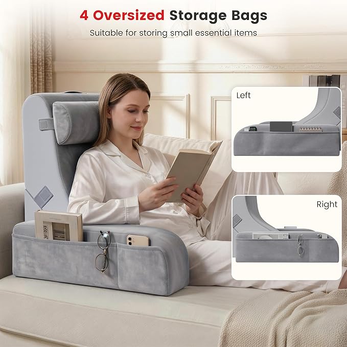 Homkdom Reading Pillow for Sitting in Bed Adult, 20" Back Pillow for Bed Sitting up with Armrests & Storage Pockets, Ergonomic Wedge Pillow for Watching TV, Gaming, Working, Recovery, 5PCS, Light Grey