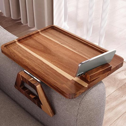 Acacia Wood Couch Arm Tray with 360°Phone Holder,Folding Sofa Armrest Tray,Couch Arm Table Clip-On Couch Desk for Drinks,Snacks,Phone,Remote Control