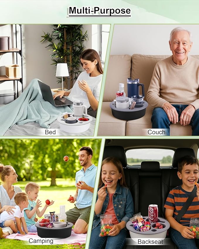 Couch Cup Holder Tray Round, Bonfixe 4-Cups Bedside Drink Holder for Elderly/Pregnancy, Stable Non-Spill Silicone Couch Caddy for Remote Control, Glasses‌, Snacks, Phones‌ (Black)