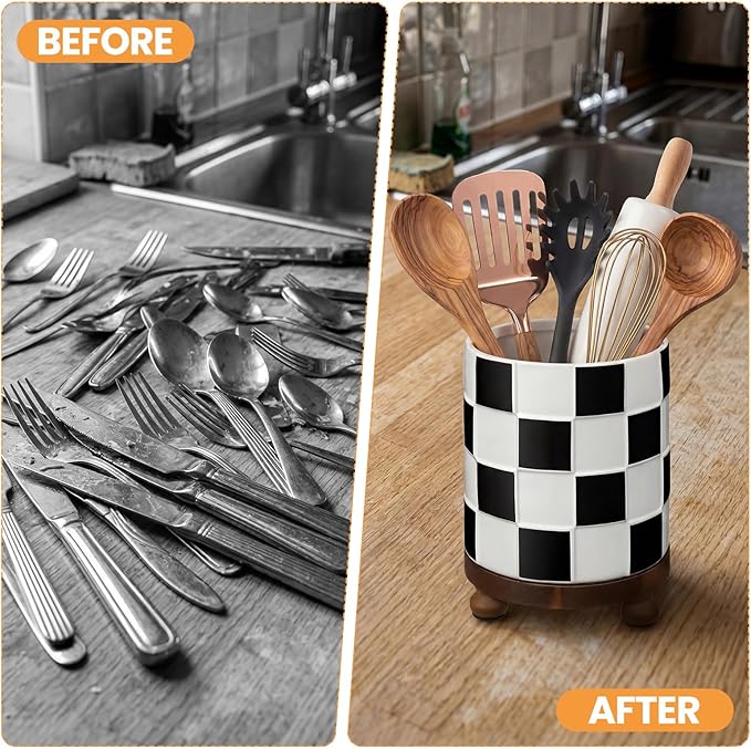 Kitchen Utensil Countertop Holder Checkered Utensil Crock with a Wooden Base 7.5 Inch Organizer Country Style Decorative for Storing Spoons Spatulas and Pot Spatulas