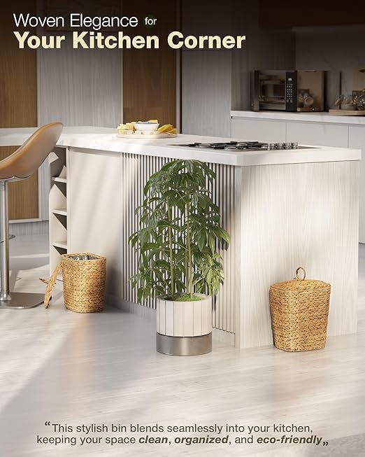 BLUEWEST 2.6 Gallon Wicker Trash Can with Lid, Handwoven Rattan Trash Can, Woven Decorative Wastebasket, Wicker Waste Basket with Removable Plastic Inner Bin for Bathroom, Bedroom, Office, or Kitchen