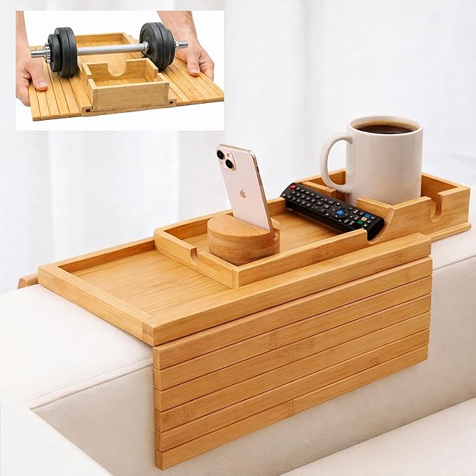 Chair Arm Table-Sofa Cup Holder Armrest with Detachable 360° Rotating Phone Stand for Hands-Free Viewing, Made from Premium Natural Bamboo for Drinks, Phone and Remote