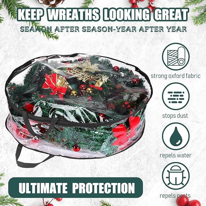 Shappy 4 Pieces Christmas Wreath Storage Container 30 Inch Wreath Plastic Storage Bags with Dual Zippers and Handles for Xmas Thanksgiving Holiday Artificial (Clear,Black)