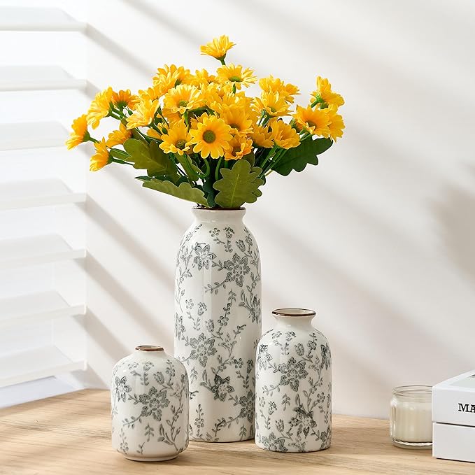 Ceramic Flower Decorative Antique Vase Set of 3, Vintage Rustic Chinoiserie Floral Vase for Home Decor, Living Room, Bookshelf, Office, Entryway, Garden, Chinoiserie Decor, Tuscan Decor- Gray
