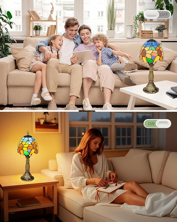 Tiffany Style Table Lamp, 6 Inch Sunflower Stained Glass Lamp, Small Antique Bedside Night Lamp for Bedroom, Living Room, Office, Included LED Bulb