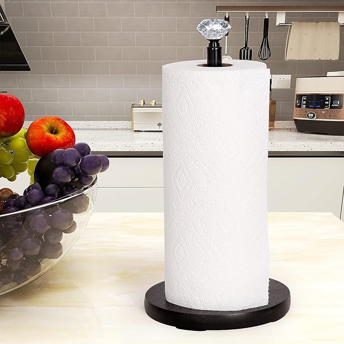 Paper Towel Holder Countertop, OBODING, Crystal Paper Towel Stand Holder, Black Solid Wood Weighted Paper Towel Holders for Standard and Large Size Rolls (Black)
