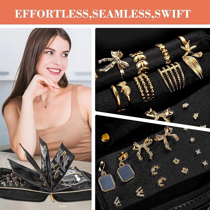 Travel Jewelry Organizer Case for Women, Jewelry Travel Case with 5 Zipper Pouches, Jewelry Organizer for Necklaces Earrings Rings Bracelets, Travel Jewelry Storage Bag (Black)