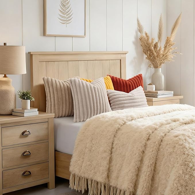 decorUhome Summer Cozy Faux Fur Throw Pillow Covers 20x20 Set of 2 Decorative Soft Plush Striped Modern Farmhouse Boho Couch Pillow Cases with Velvet Back for Sofa Bed Living Room, Mustard Yellow