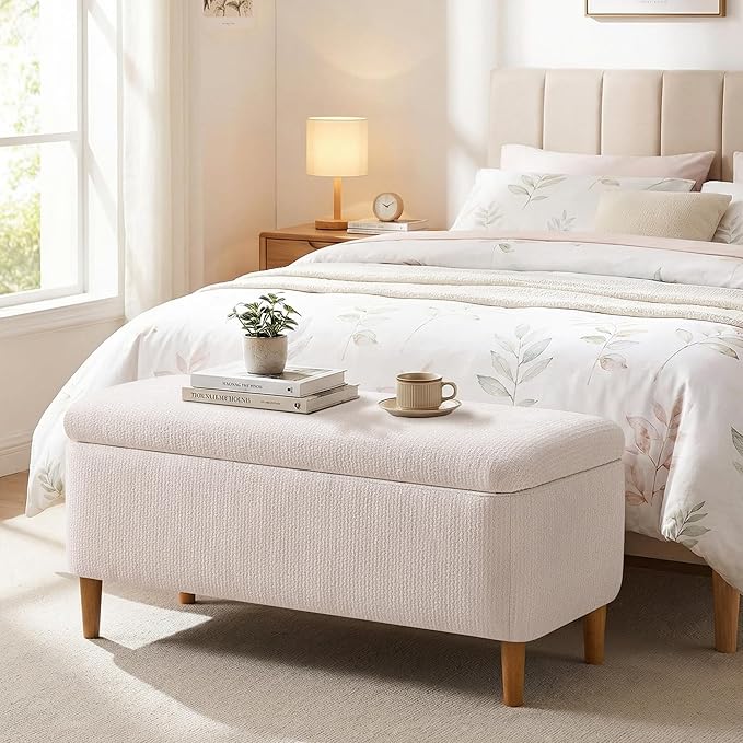 39.4”Ottoman with Storage,Upholstered Comfy Storage Bench Ottoman with Wooden Legs,End of Bed Bench Footstool for Hallway Entryway Bedroom Living Room Beige