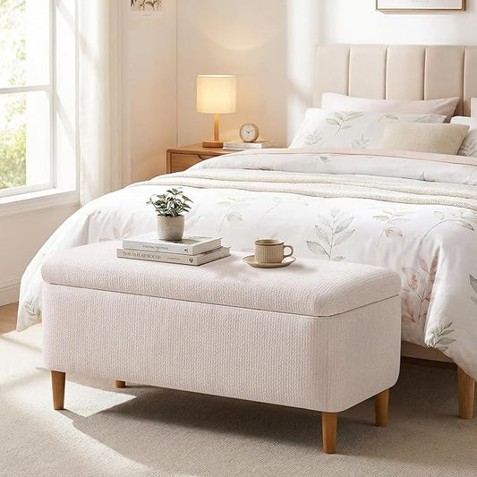 39.4”Ottoman with Storage,Upholstered Comfy Storage Bench Ottoman with Wooden Legs,End of Bed Bench Footstool for Hallway Entryway Bedroom Living Room Beige