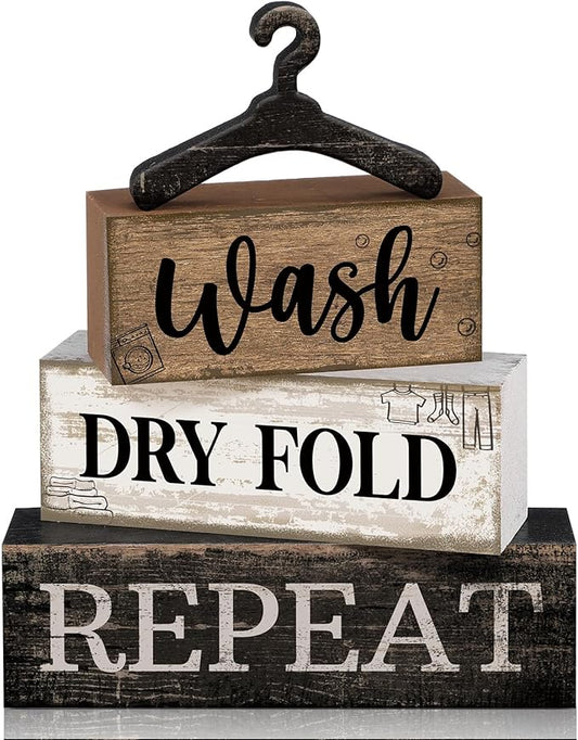 Moucuny 4 Pcs Farmhouse Laundry Room Decor Stacked Blocks, Wash Dry Fold Repeat Wooden Sign Set with Vintage Hanger - Rustic Home Shelf Decor for Laundry Area Housewarming Gift