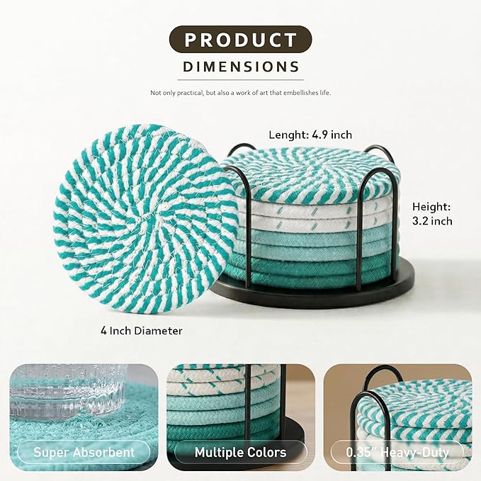 Lazebox Coasters Set of 8 for Drinks, Beer, Coffee, Cotton Woven 4 Colors Absorbent Coaster with Holder, Boho Coasters for Home Decor Tabletop Protection Suitable for Kinds of Cups
