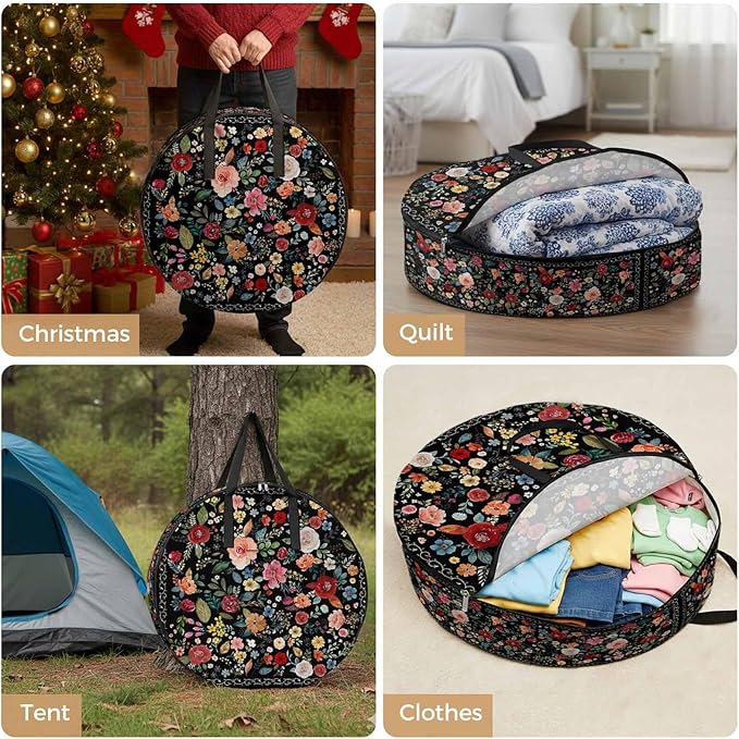 Storage Bag Black Floral Round Storage Totes Bins Closet Organizers with Zippers & Handle Farmhouse Vintage Flower Clothes Storage Container for Bedroom Dorm Space Saving Packing Supplies Moving Bags