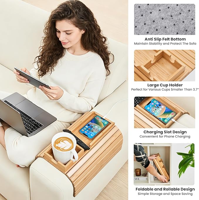 GEHE Couch Cup Holder, Anti Falling Sofa Arm Tray, Natural Bamboo Sofa Cup Holder More Safe for You Family, Portable Couch Arm Tray Armrest Table for Remote, Snacks, Phone, Drinks