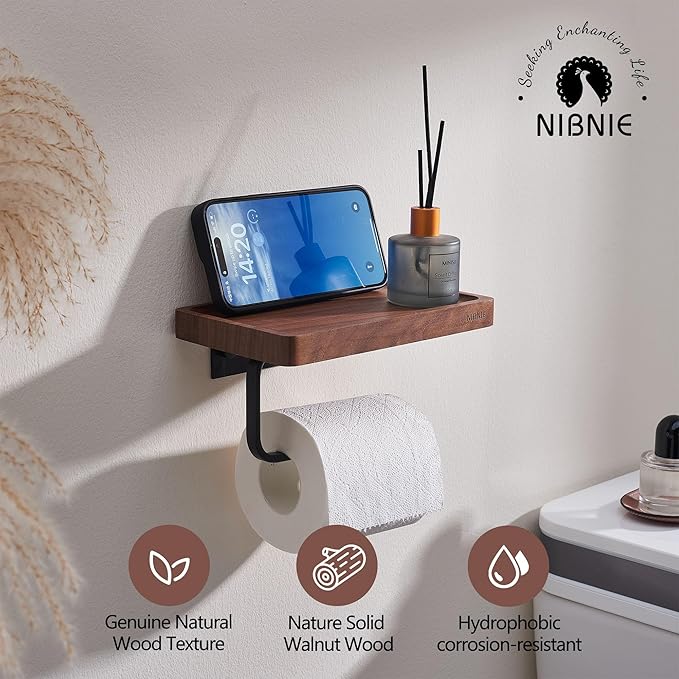 Walnut Wood Toilet Paper Holder with Phone Shelf, Adhesive or Drill Installation Bathroom Washroom Wall Mount Wooden Toilet Tissue Roll Holder with Shelf for Hold Wipes, Cell Phone (Concave)