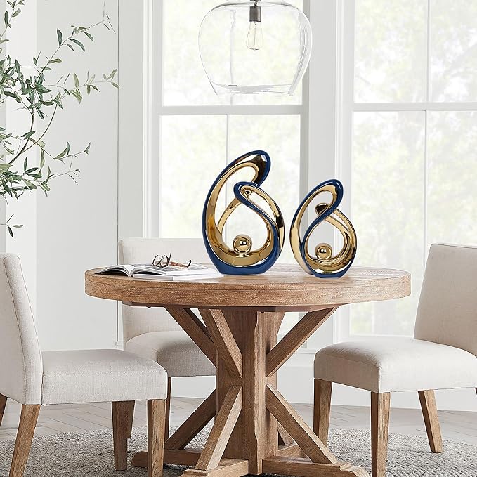 2 PCS Navy Blue Decor Accent Ceramic Statue Blue Gold Mid Century Modern Home Decor Accents Sculpture Decorations Centerpieces for Living Room Bookshelf Shelf Coffee Table Kitchen Office Dining Table