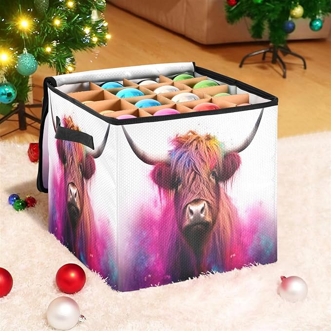 Kigai Highland Cow Christmas Ornament Storage Box with Zipper & Adjustable Dividers Holiday Ornament Organizer Xmas Storage Container, 64 Balls