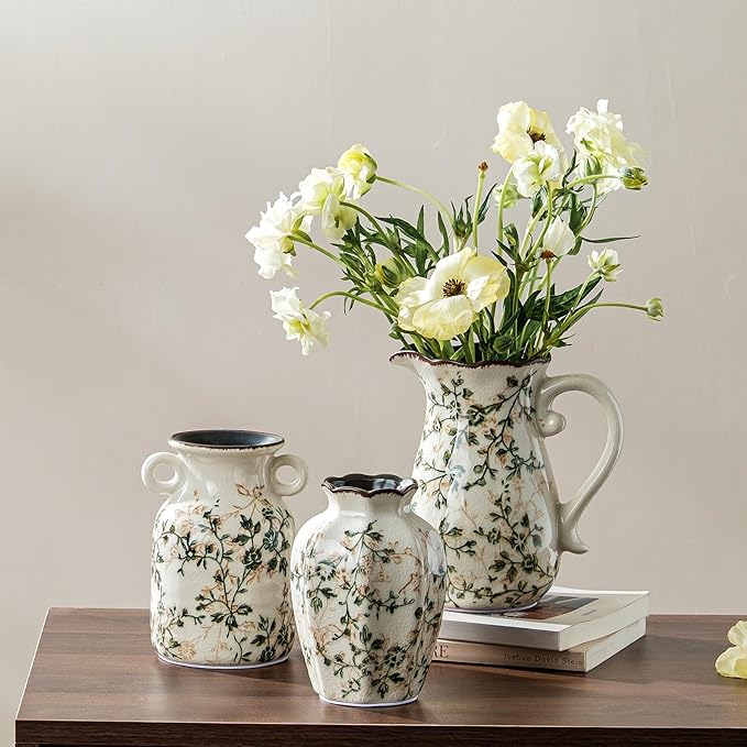 for Mom from Daughter or Son, Ceramic Vase Set of 3, Green Chinoiserie Floral Pitcher Vases, Vintage Farmhouse Decor for Mantel, Fireplace, Kitchen Counter, Living Room, Bookshelf