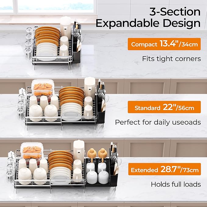 Delamu Stainless Steel Dish Drying Rack, Expandable Dish Drainer, Anti-Rust Large Dish Racks for Kitchen Counter, Dish Strainers with Drainboard, Utensil Holder & Cup Holder, 13.4"-28.7" L x 11.8" W