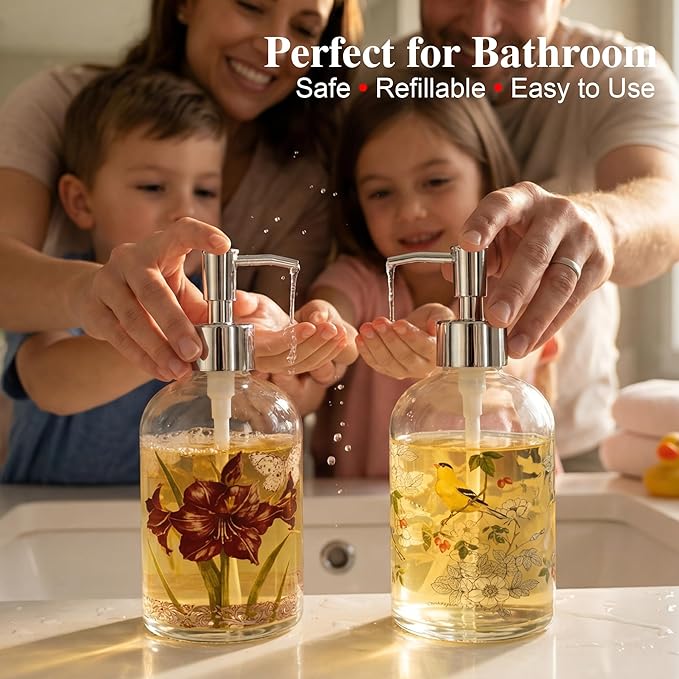 17oz Glass Soap and Lotion Dispenser Bottle with Rust Proof Plastic Pump Refillable Liquid Pump Bottle Great for Kitchen, Bath, Bathroom Accessories, Countertop, Set of 2