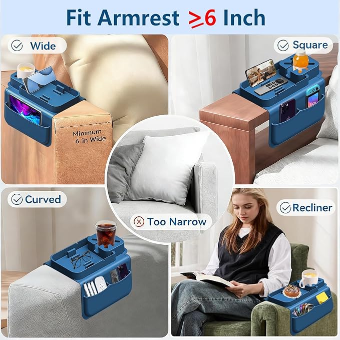 Silicone Couch Cup Holder Tray with Tablet & Phone Stand, Anti-Slip Sofa Arm Organizer with Dual Side Pockets for Remotes, Snacks, Headphones, Glasses, Drinks (Blue)