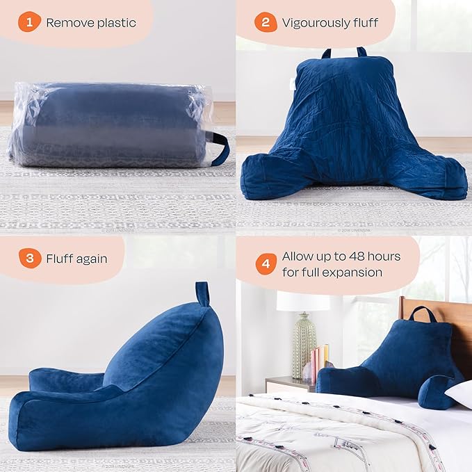 Linenspa Reading Pillow with Shredded Memory Foam- Back Pillow for Sitting in Bed, Reading, Gaming, Watching TV – Bed Chair with Arms, Dorm Room Essentials, Navy