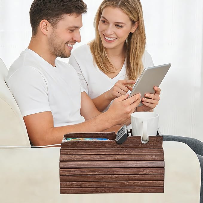 GEHE Couch Cup Holder, Anti Falling Sofa Arm Tray, Natural Bamboo Sofa Cup Holder More Safe for Your Family, Portable Couch Arm Tray Armrest Table for Remote, Snacks, Drinks