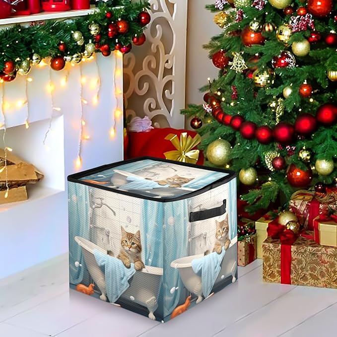 Kigai Bathroom Cat Christmas Ornament Storage Box with Zipper & Adjustable Dividers Holiday Ornament Organizer Xmas Storage Container, 64 Balls