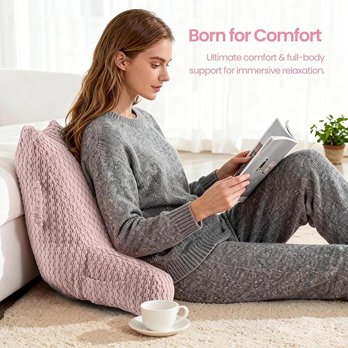 Reading Pillow for Bed Sitting Up, Backrest Pillow with Shredded Memory Foam Filling, Back Support Cushion, Bed Rest Pillow with Arms, Pockets and Washable Cover-Pink