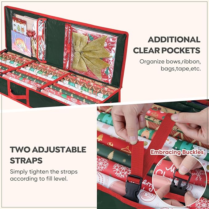BALEINE Soft Christmas Wrapping Paper Storage Bag, 40" Durable PE Gift Wrap Storage Bag with Flexible Partitions and Pockets for Ribbon, Accessories (Green)