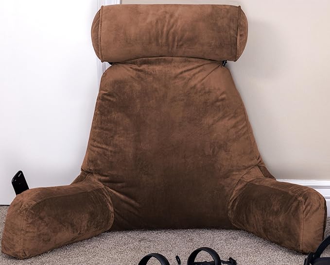 Husband Pillow XXL The Original for Adults - 30" Tall Backrest for Sitting Up in Bed - Firm Support Reading & Bed Rest Pillows for Adults, Neck Roll, Removable Cover - TV - Chocolate