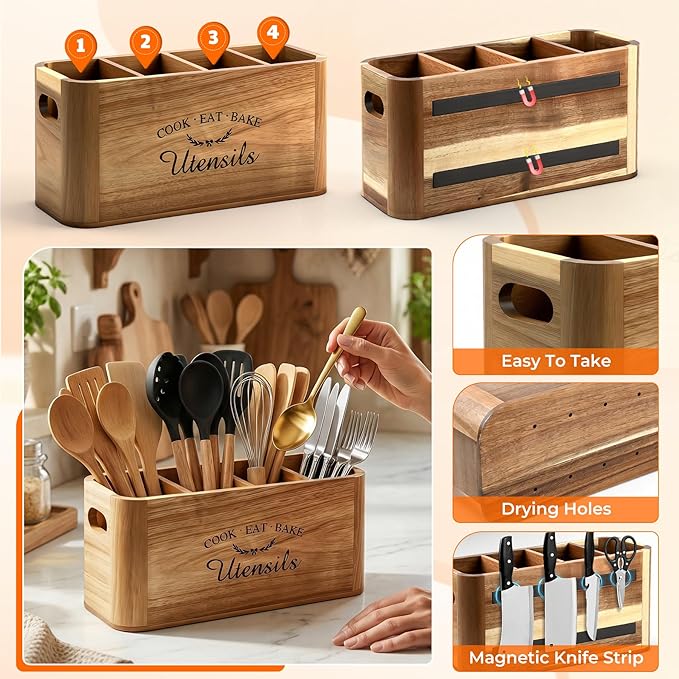 Wooden Kitchen Utensil Holder Organizer for Counter or Countertop, Acacia Utensil Holder with Magnetic Strip for Knife, Cooking and Silverware Storage(4 Compartment, Extra Large)