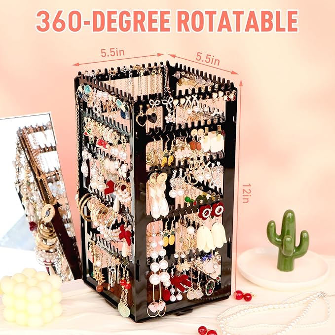 17Dec 360 Rotating Earring Holder Organizer Stand,5 Tiers Acrylic Jewelry Organizers and Storage,Stud Earring Organizers and Storage,212 Holes and 212 Grooves for Earrings Necklaces chain bracelet