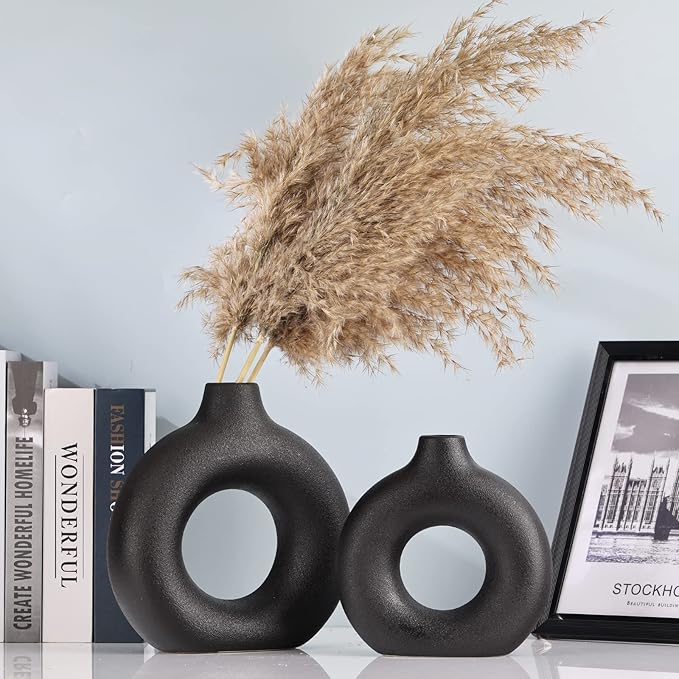 Matte Black Ceramics Vase for Home Decor,Minimalist Nordic Hollow Donut Vase Set of 2,Modern Boho Decor for Kitchen Table Centerpiece,Living Room,Fire Place,Bookshelf,Office,Entryway,Console