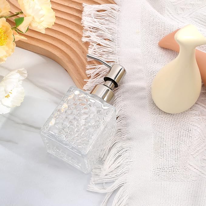 YunNasi Soap Dispenser with Stainless Steel Pump, Clear Crystal Design, Vintage and Elegant, Refillable Liquid Hand Soap Dish Soap Dispensers for Bathroom Counter, Kitchen Sink (Style 3)