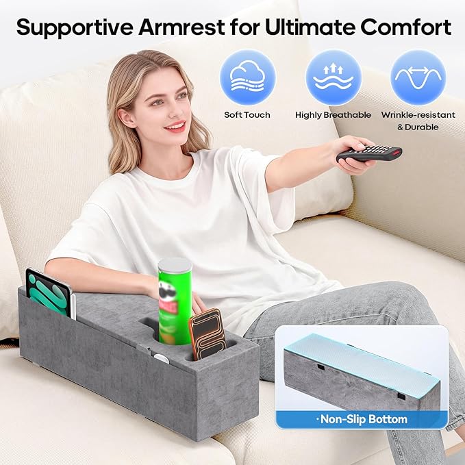 Sofa Armrest Couch Caddy with Cup Holder, Removable Couch Armrest Table Pillow Caddy Drink Holder Tray Insert Between Cushions, Sofa Accessory Storage for Remote,Glasses, Phone, iPad and Magazines