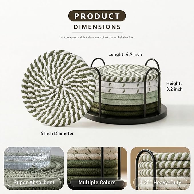 Lazebox Coasters Set of 8 for Drinks, Beer, Coffee, Cotton Woven 4 Colors Absorbent Coaster with Holder, Boho Coasters for Home Decor Tabletop Protection Suitable for Kinds of Cups
