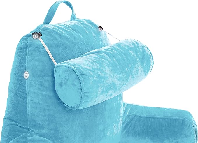 Husband Pillow Medium Reading Pillow with Arms - 23" Backrest for Sitting Up in Bed - Firm Support Bed Rest Pillow for Adults, Neck Roll, Removable Cover - TV, Reading, Lounging - Carolina Blue